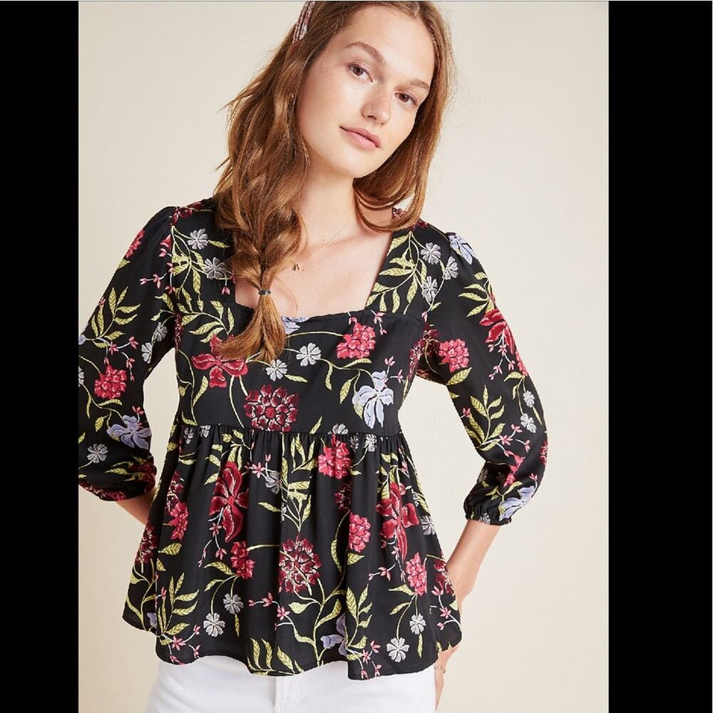Anthropologie Dolan Left Coast Cherie Babydoll Top Black Floral Size Medium